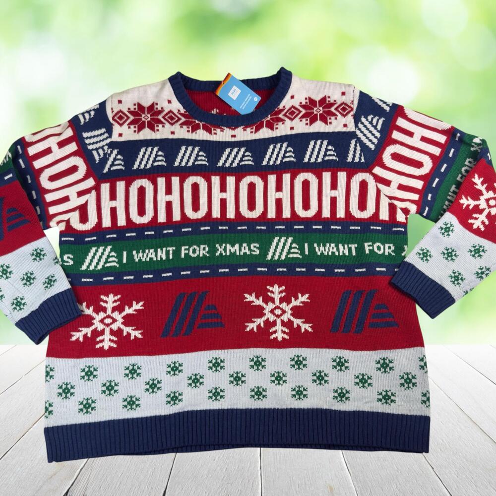 New ALDI GEAR Christmas Sweater I Want For Xmas Ho Ho Ho Snowflake Logo Mens 2XL